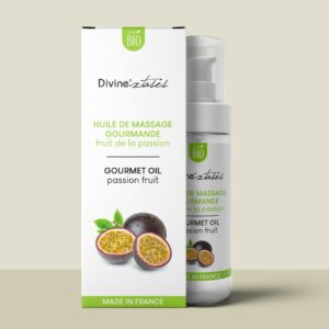 huile de massage seche corps gourmande bio ecoresponsable ecologique comestible lechable embrassable kissable divine xtases fruit passion monoi caramel salé coco fabrique france francaise flacon pompe argan hydratant enrichi apaisant compatible sextoy zone intime